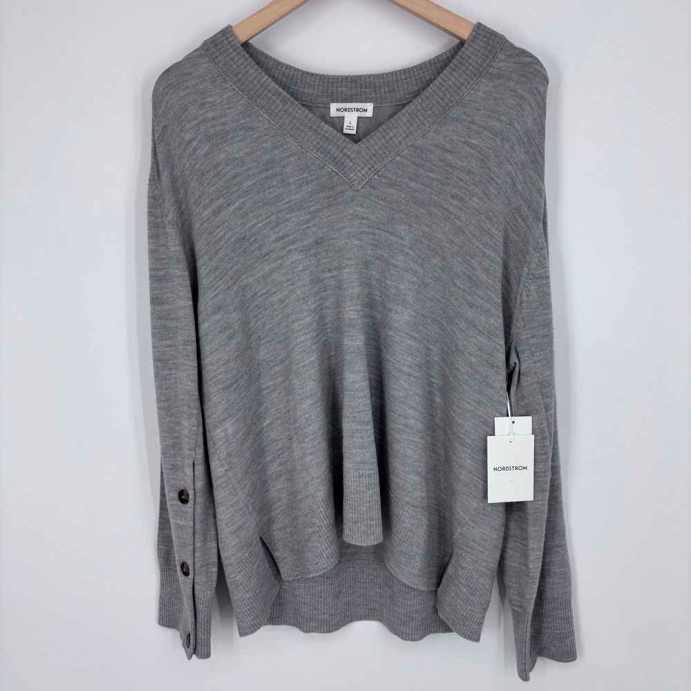 Nordstrom 100% Merino Wool V-Neck Sweater Women L Grey Pullover Button Cuff NEW
